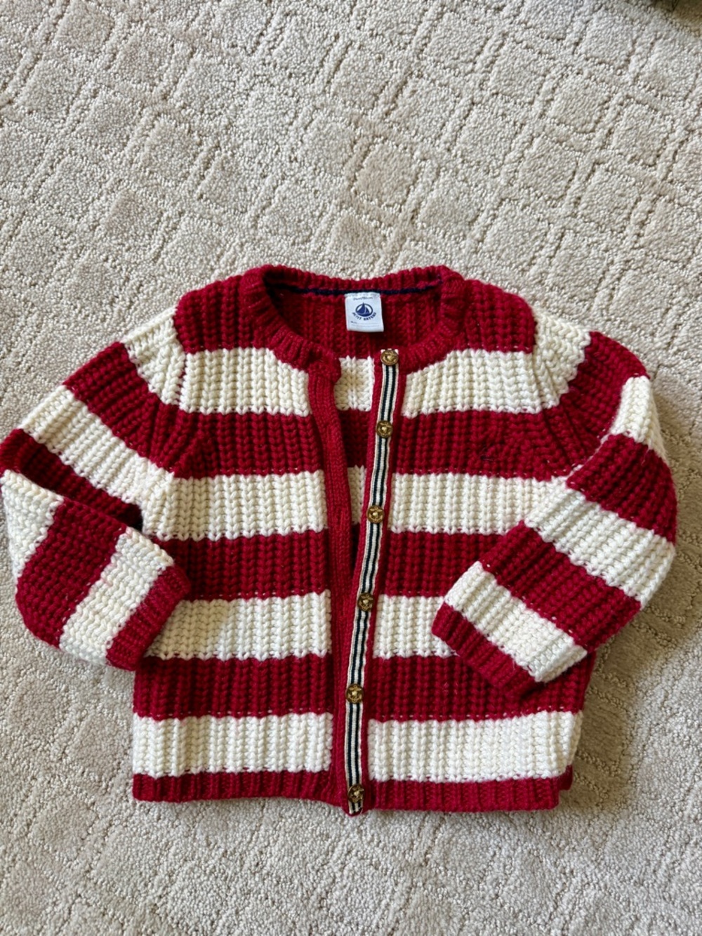 Petit Bateau Red and Cream Striped Knit Cardigan